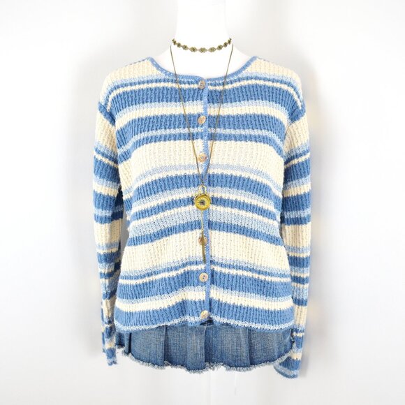VTG 90s Y2K Blue & Cream White Striped Knit Long-Sleeve Oversized Cardigan - Picture 5 of 5